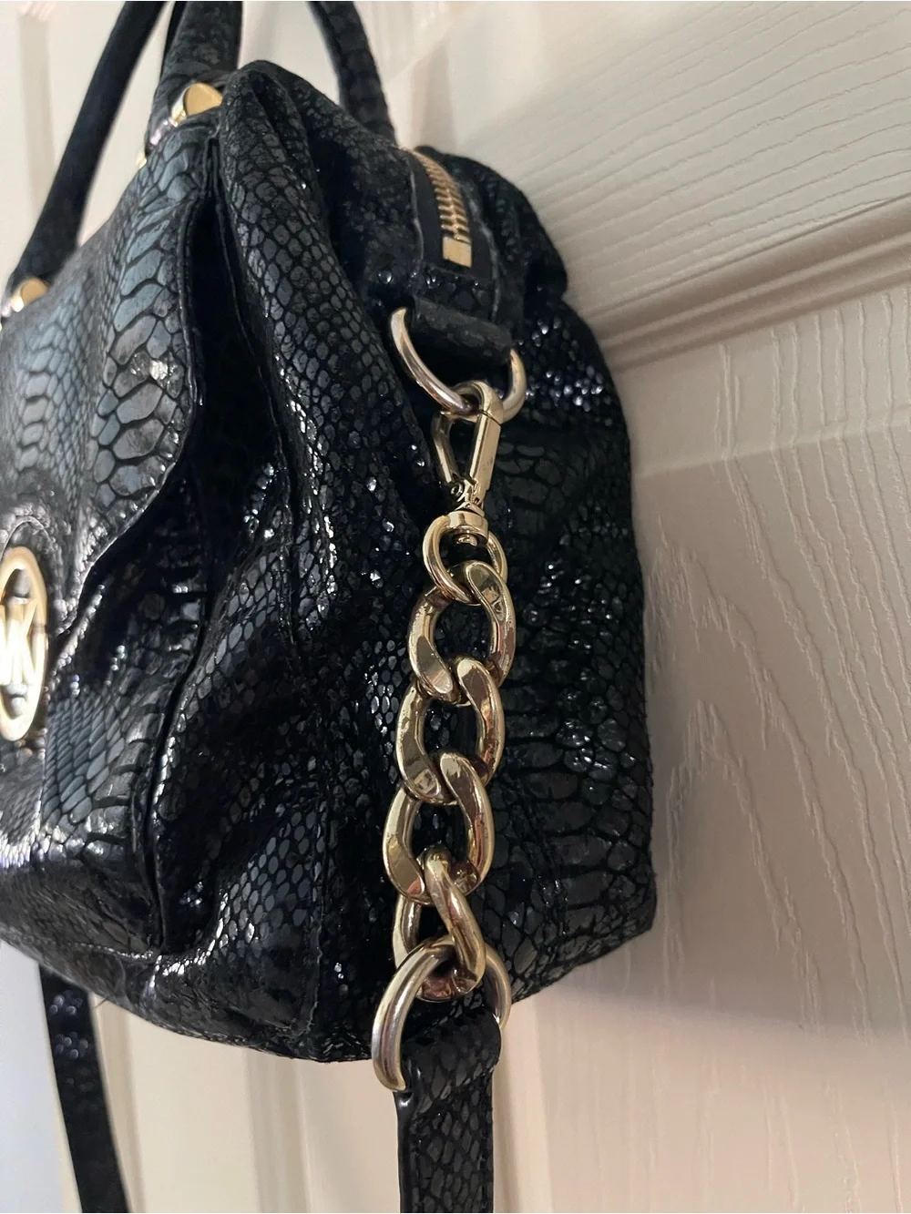 Michael Kors Black Python Embossed Satchel with Gold Hardware